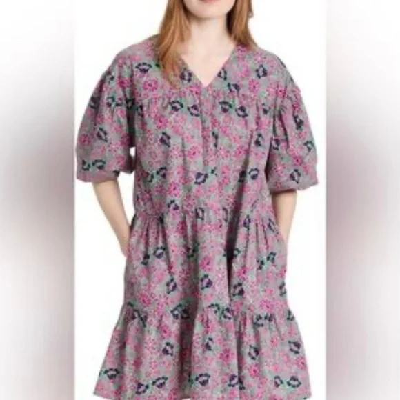 Anthropologie Sundry Ditzy Floral Cotton Dress Tiered Balloon Sleeve Size 1 (S) - Picture 2 of 10